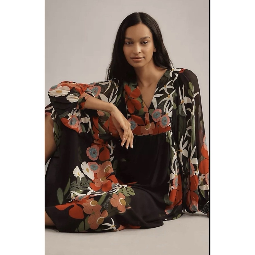FARM RIO Anthropologie Floral Maxi Dress Black Red Long Sleeve XS - Picture 4 of 15